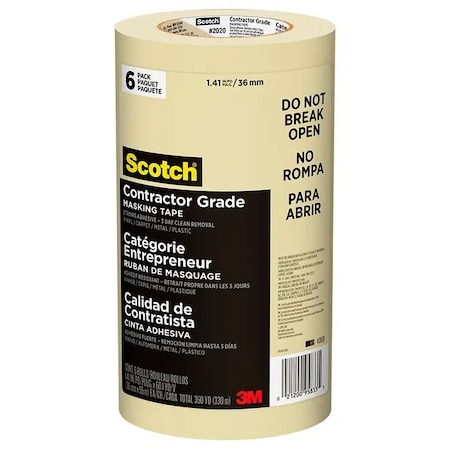 Scotch 1.41" x 60 Yds Tan Contractor Grade Masking Tape 6PK 2020-36AP-6